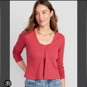 Pink Rib-Knit Matching Single-Button Cardigan Sweater for Women